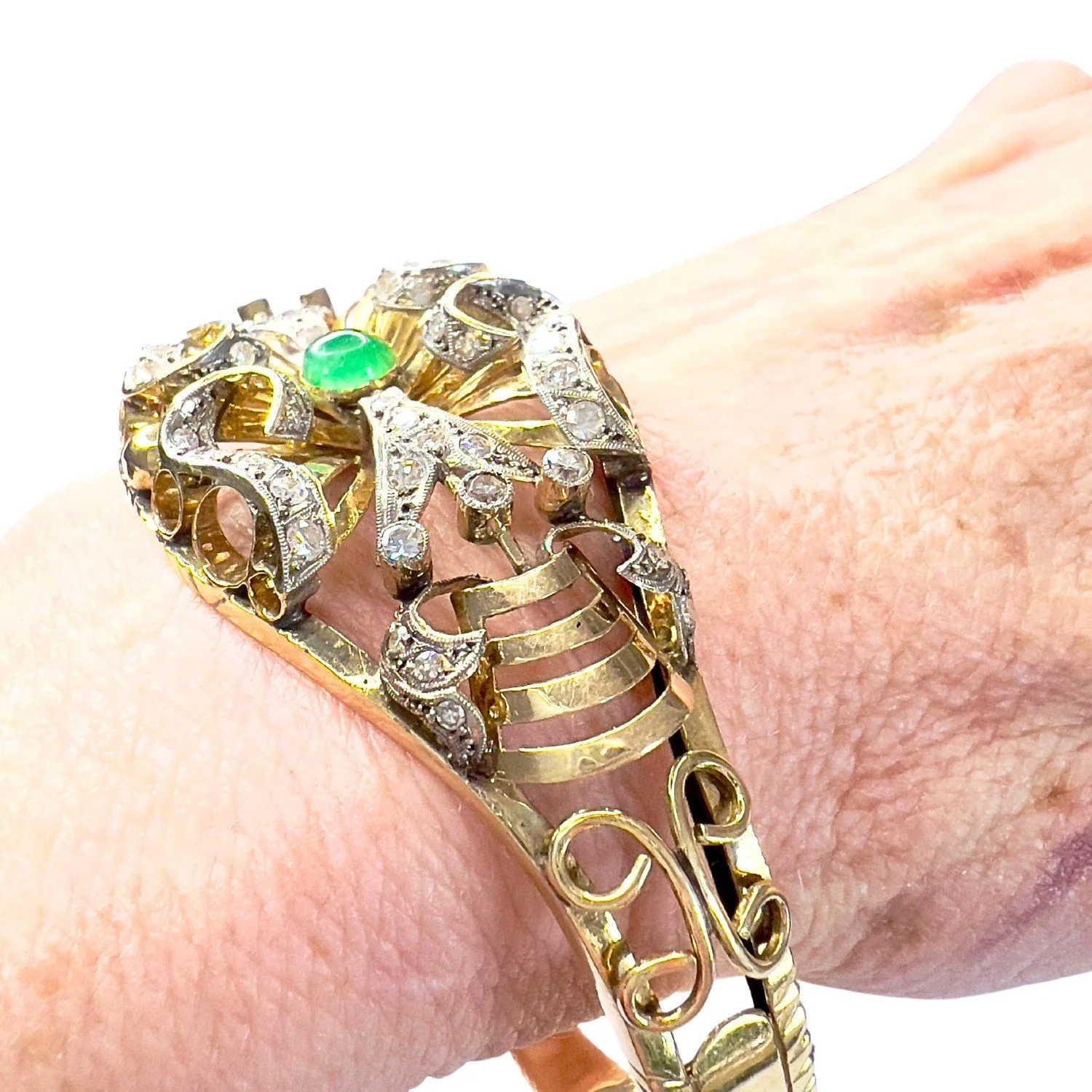 PULSERA ESTILO RETRO ÉPOCA 1945 de ORO 18 kts con DIAMANTES y ESMERALDA - Image 5