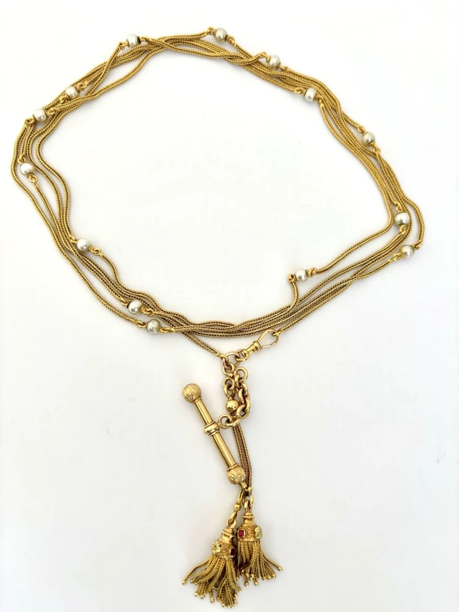 Collier Sautoir en or jaune, or vert et perles grises - Image 2