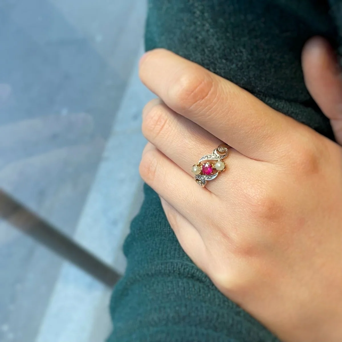 Bague - Or, Diamants, Perles & Rubis - Image 4