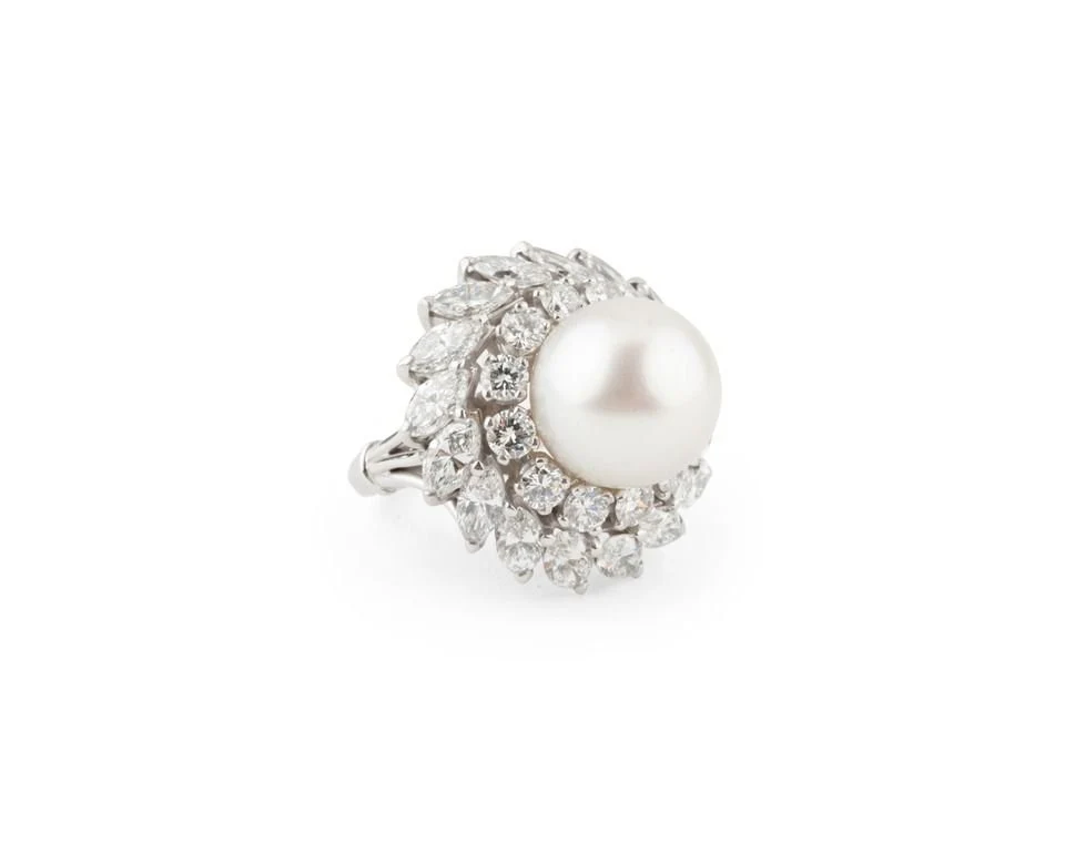 Bague en platine, perle de culture et diamants - Image 2