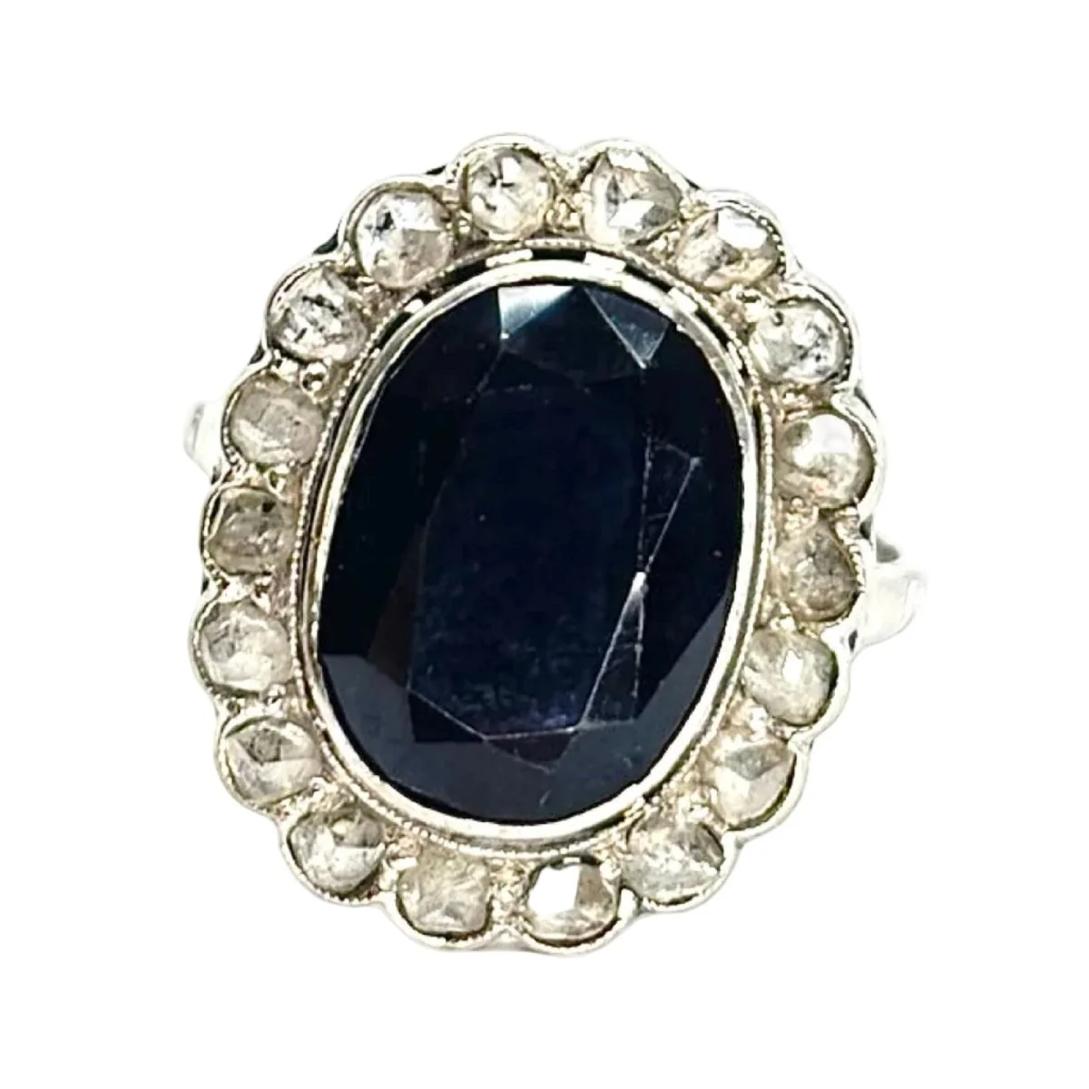 Bague ancienne or blanc saphir 5 ct et diamants 0,60 ct