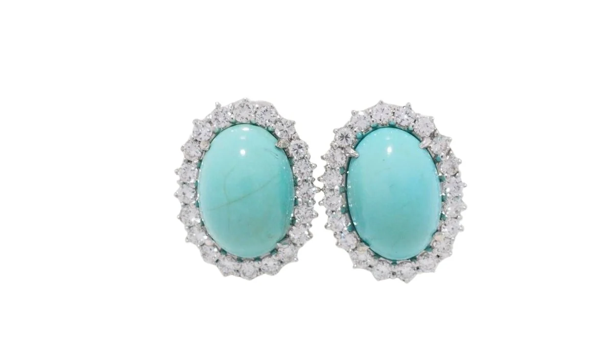 Boucles d'oreilles en or blanc, turquoise naturelle et diamants