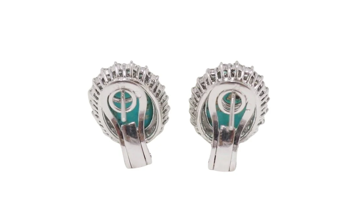 Boucles d'oreilles en or blanc, turquoise naturelle et diamants - Image 3