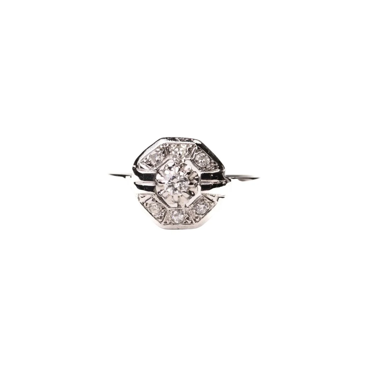Bague Art Déco octogonale diamants or blanc et platine