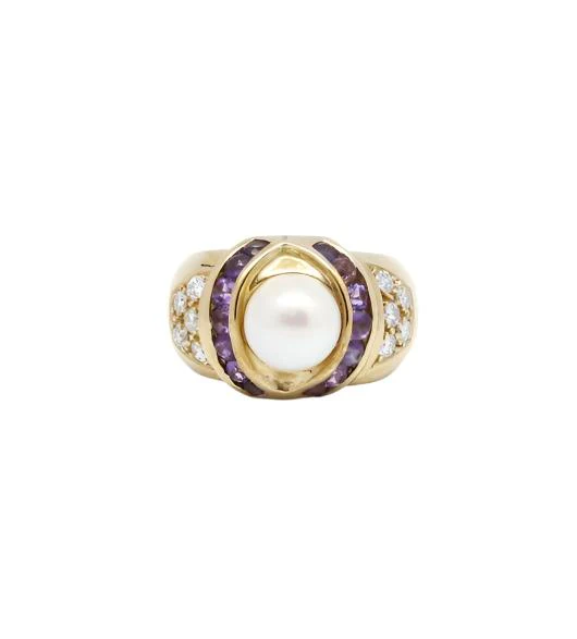 Bague - Or, Perle, Améthystes et Diamants