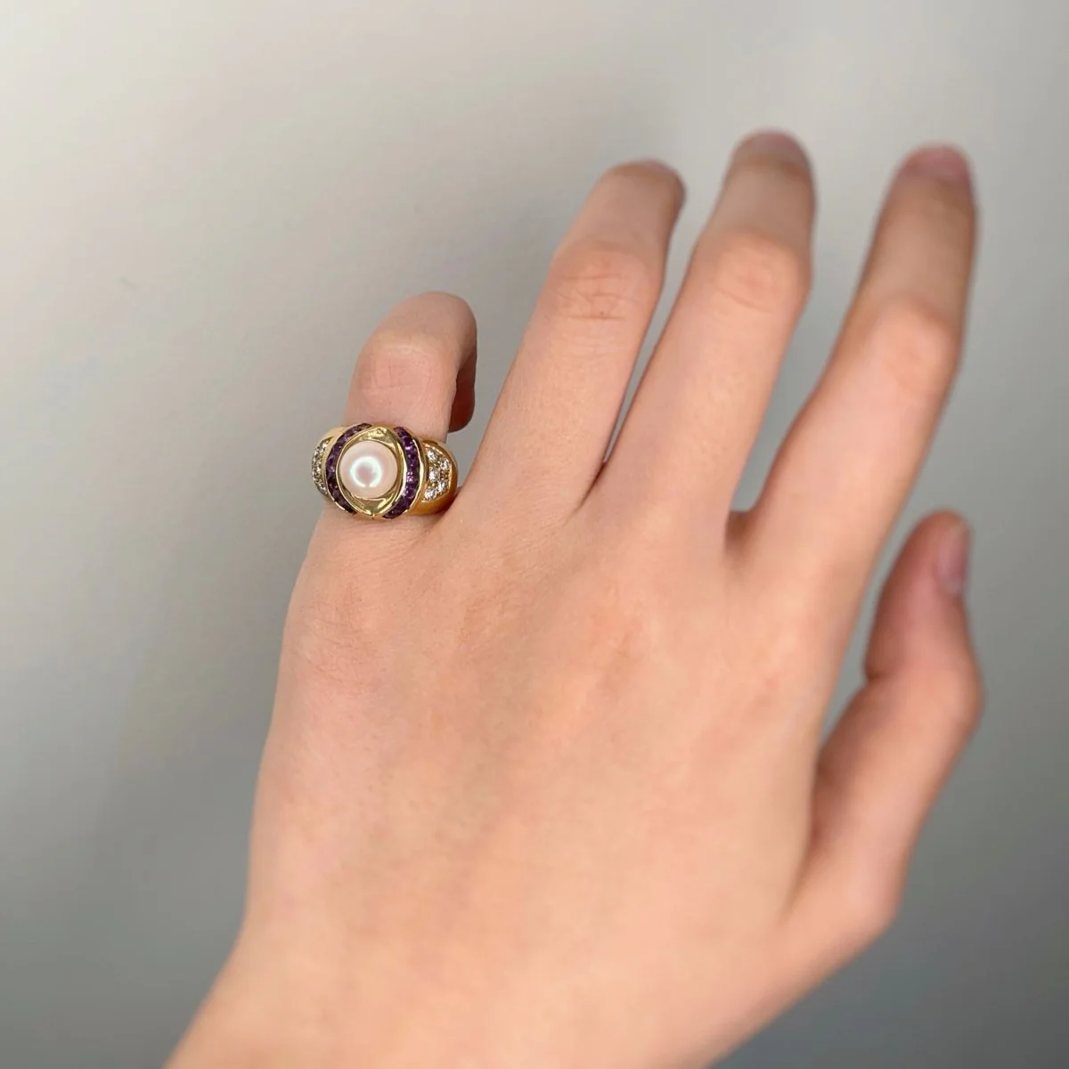Bague - Or, Perle, Améthystes et Diamants - Image 2