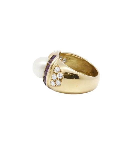 Bague - Or, Perle, Améthystes et Diamants - Image 3