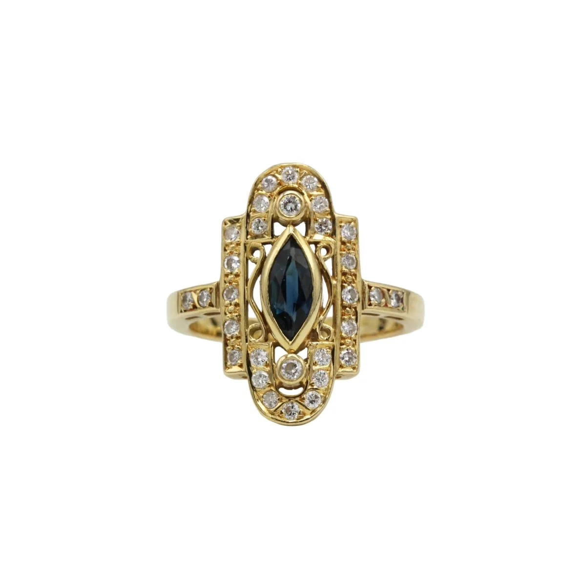 Bague Marquise en or jaune, saphir, et diamants