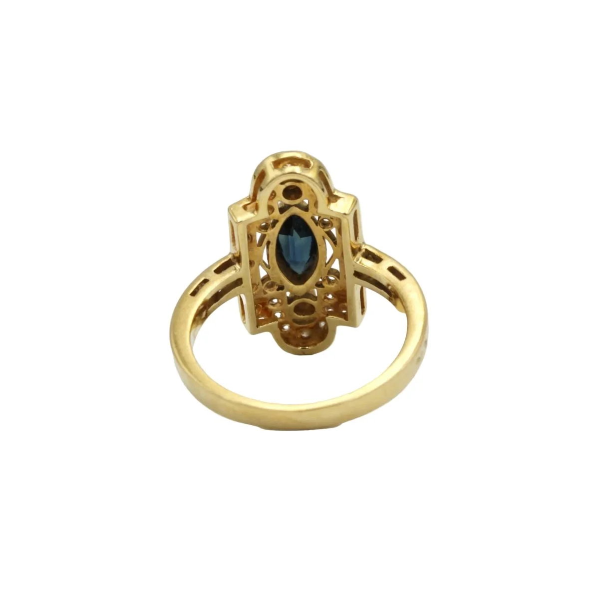 Bague Marquise en or jaune, saphir, et diamants - Image 4