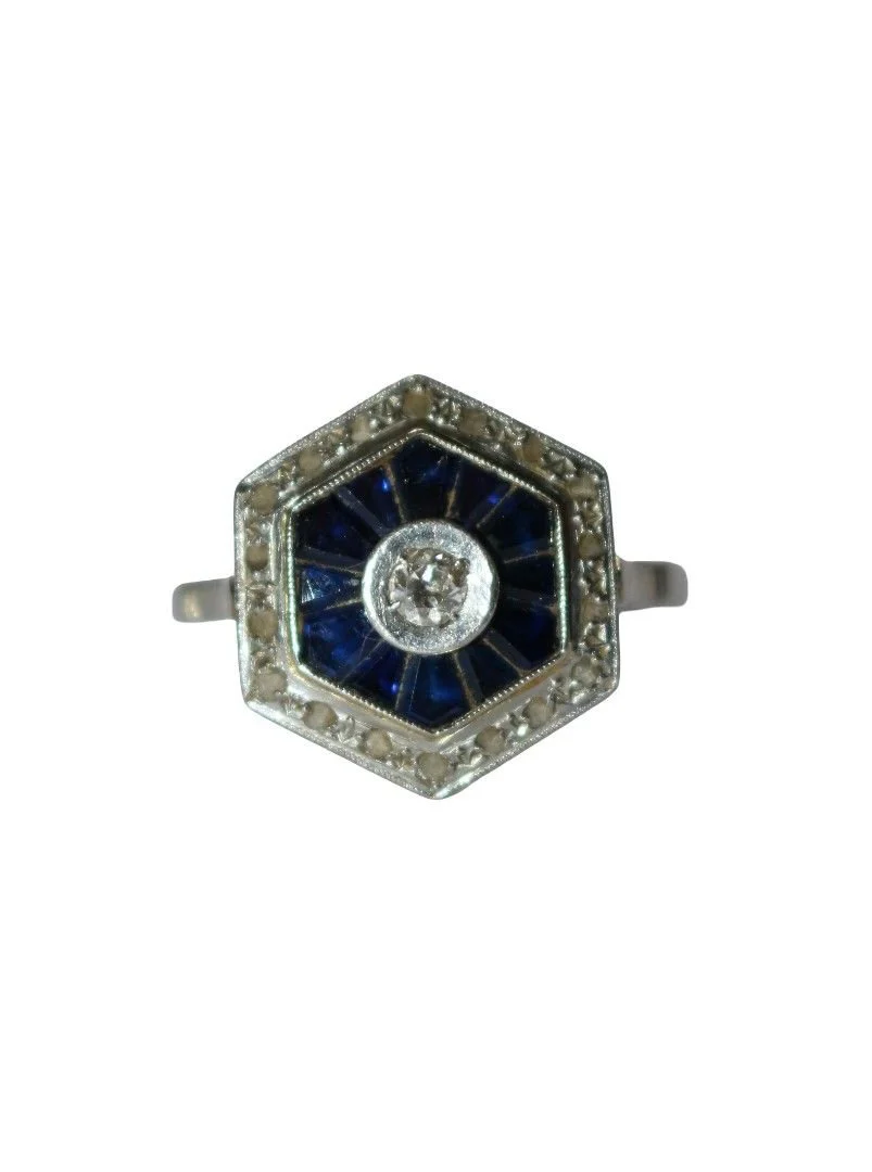 Bague Solitaire en or blanc, platine, saphirs et diamants