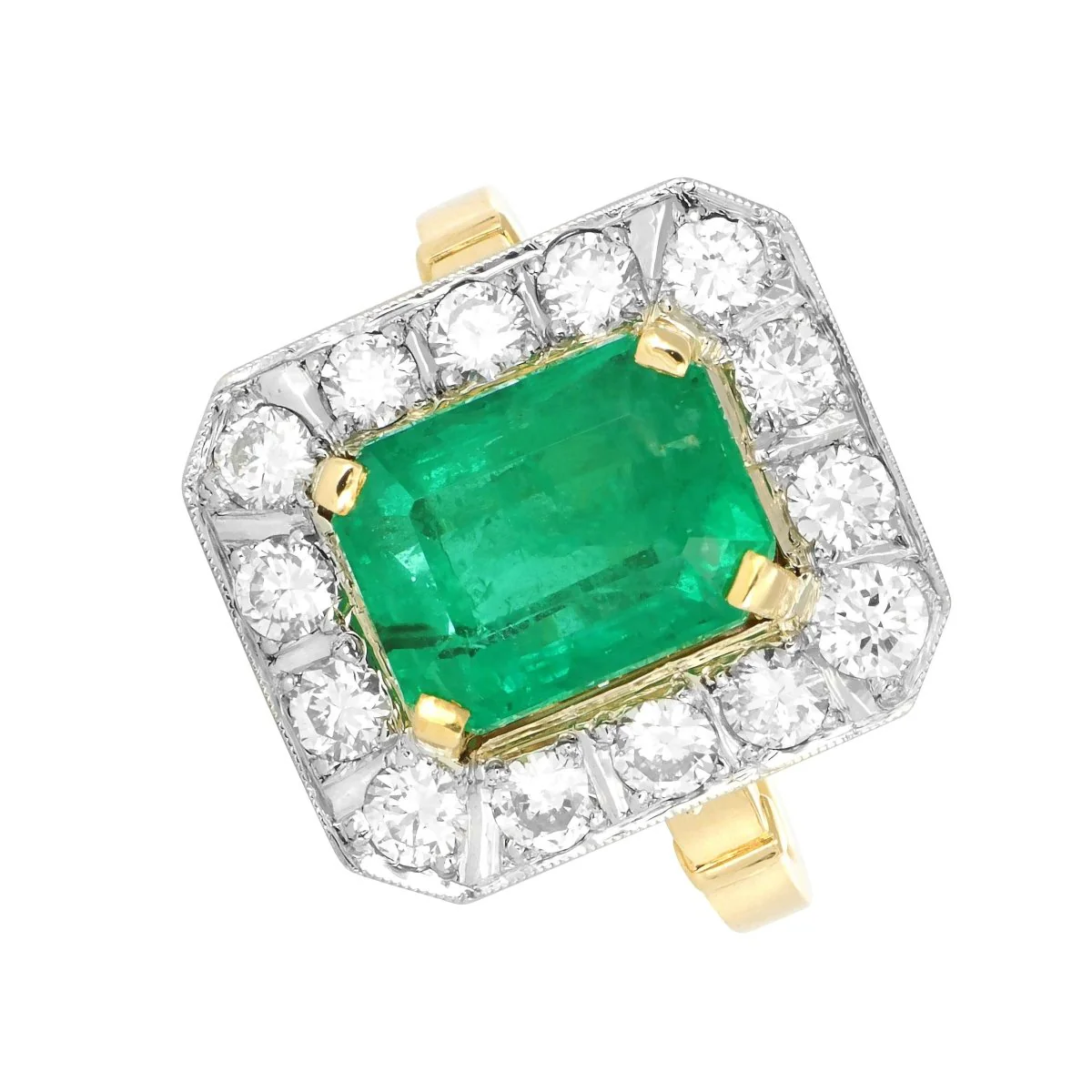Bague Bicolore Or Jaune/Gris, Emeraude et Diamants