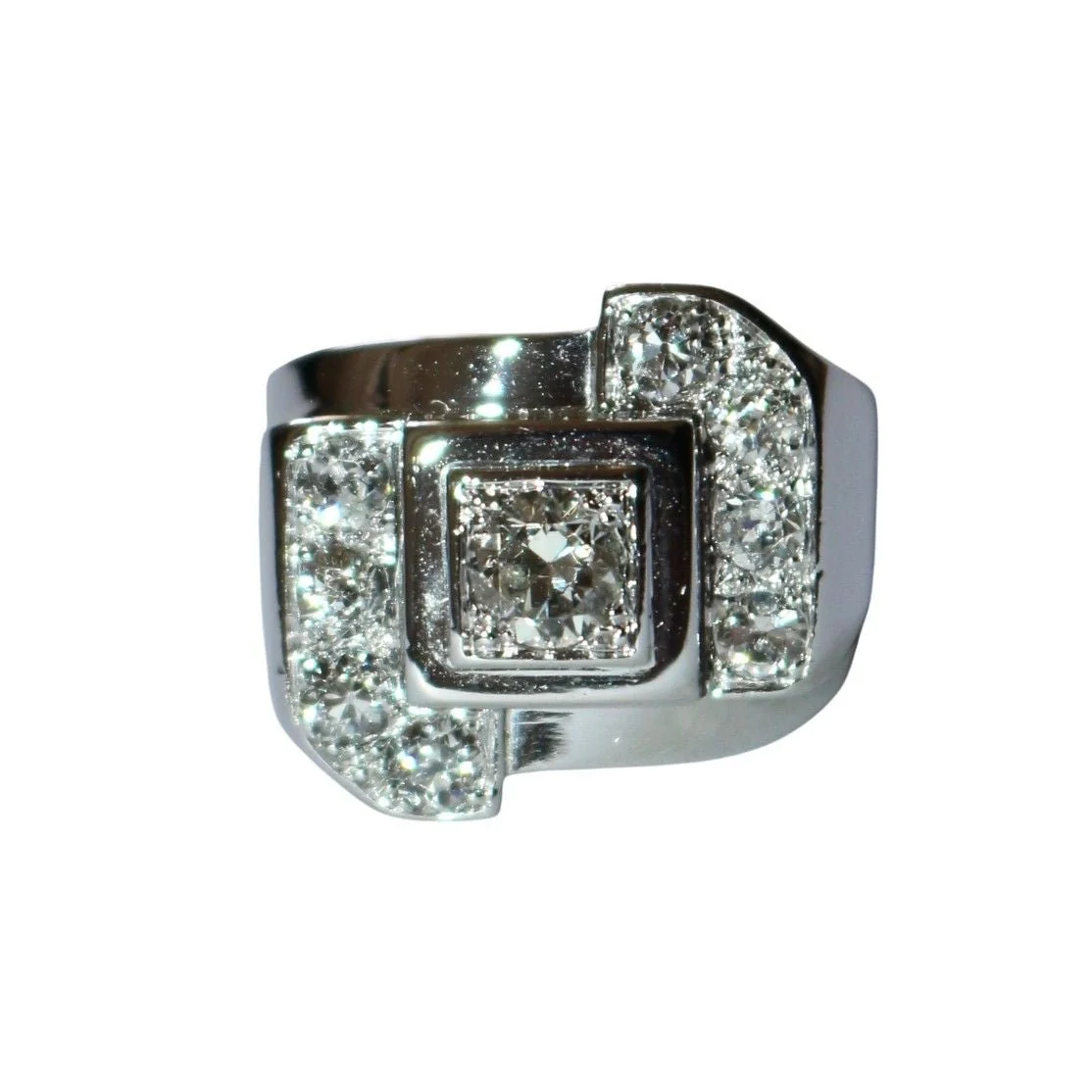 Bague Chevalière en or blanc, platine et diamants