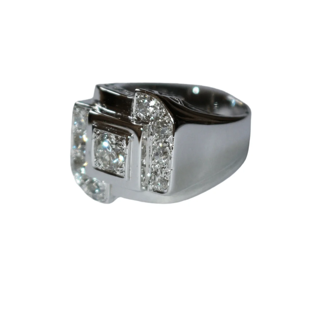 Bague Chevalière en or blanc, platine et diamants - Image 2