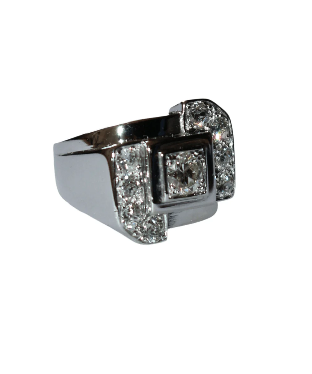 Bague Chevalière en or blanc, platine et diamants - Image 5