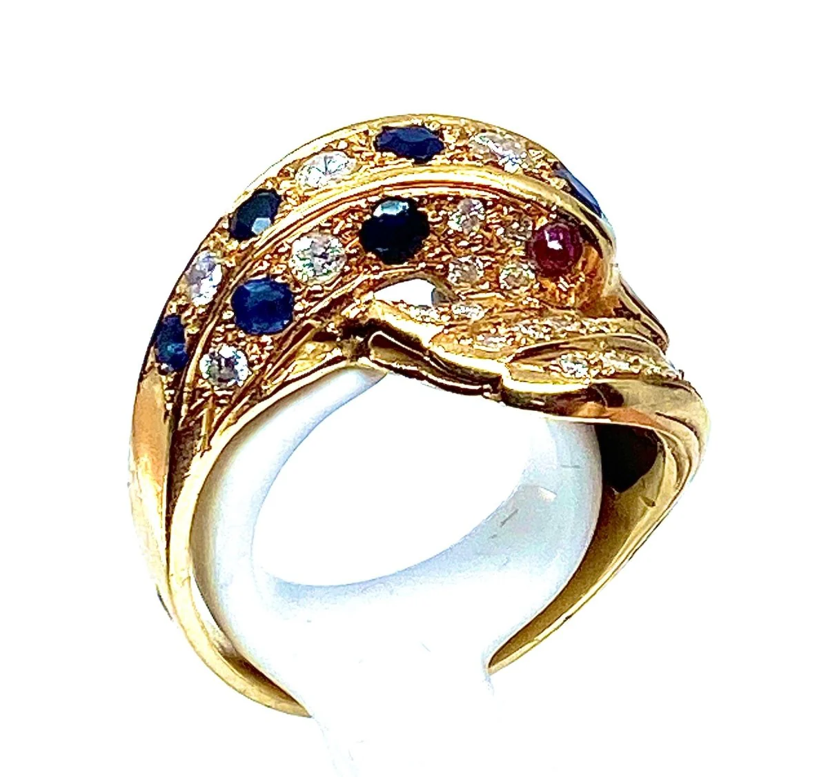 Bague dauphin en or jaune 18 carats ,saphirs ,diamants et rubis - Image 5