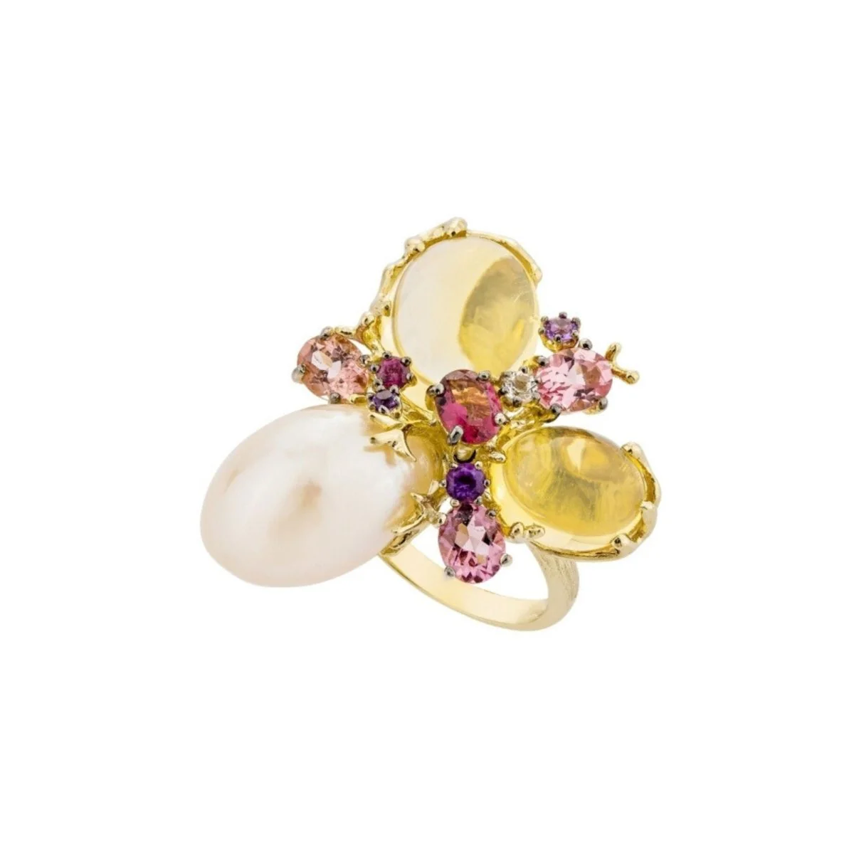 Bague en or jaune 18 carats, perle et citrines – Taille EU54