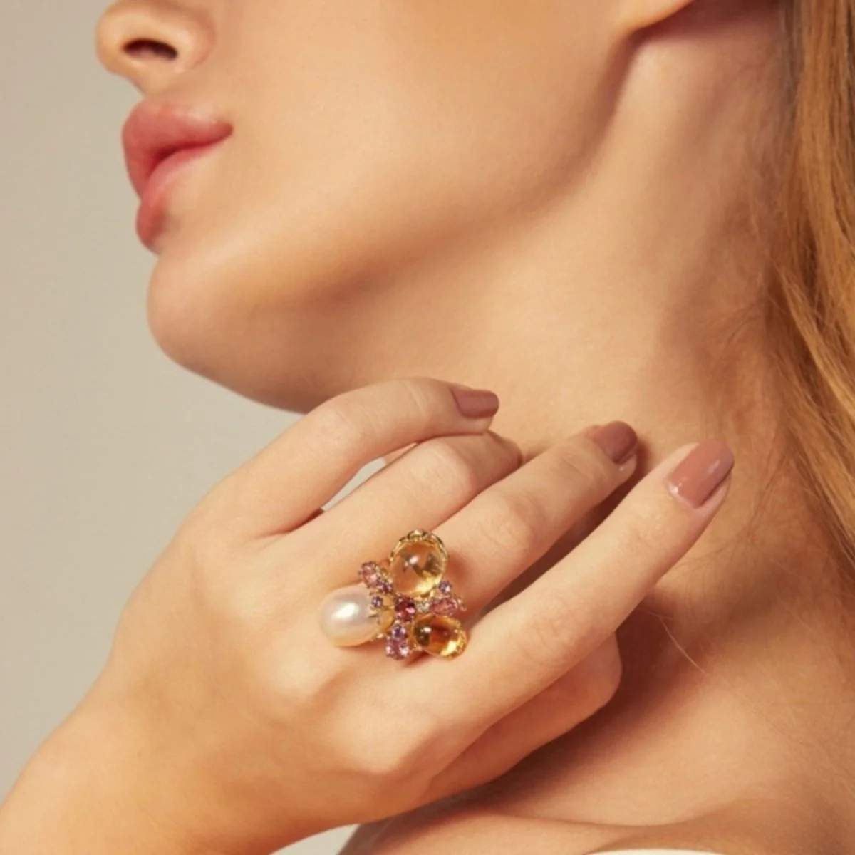 Bague en or jaune 18 carats, perle et citrines – Taille EU54 - Image 2