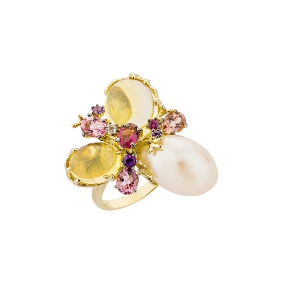 Bague en or jaune 18 carats, perle et citrines – Taille EU54 - Image 3