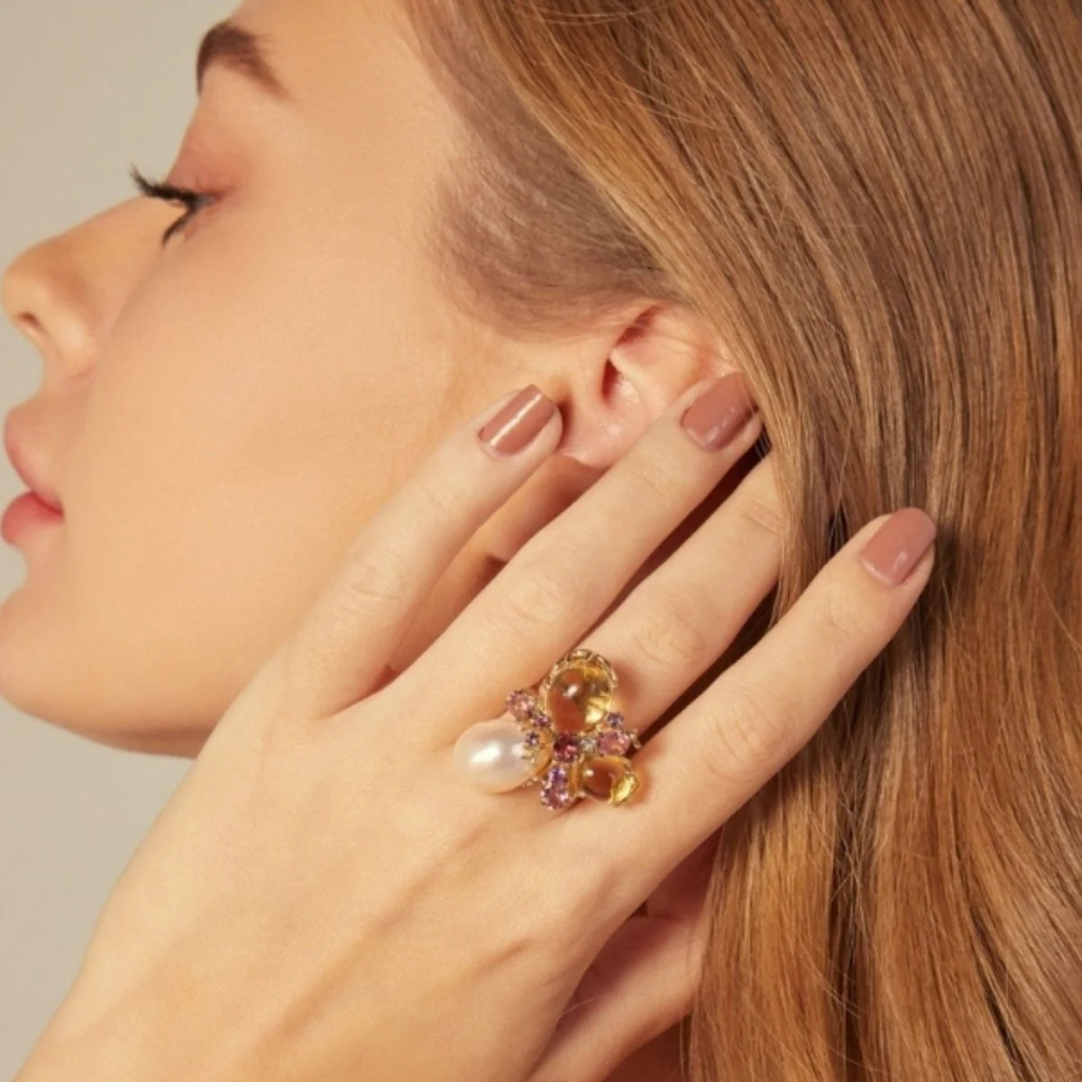 Bague en or jaune 18 carats, perle et citrines – Taille EU54 - Image 5