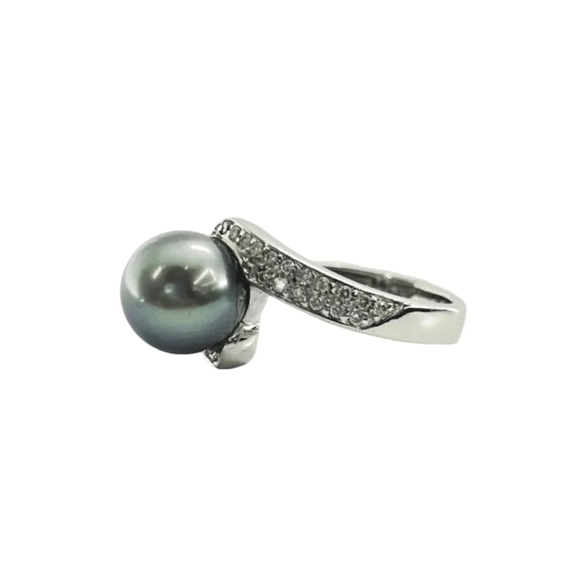 Bague Solitaire en or blanc, perle et diamants - Image 3