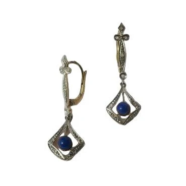 Boucles d’oreilles pendantes Lapis Lazuli Diamants deux Ors Art Déco