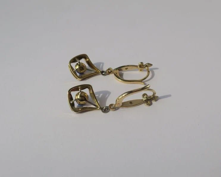 Boucles d’oreilles pendantes Lapis Lazuli Diamants deux Ors Art Déco - Image 3