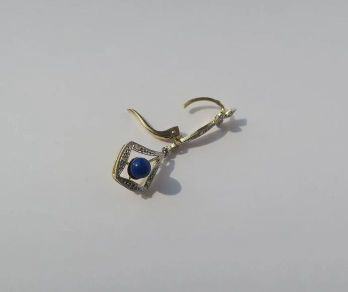 Boucles d’oreilles pendantes Lapis Lazuli Diamants deux Ors Art Déco - Image 4