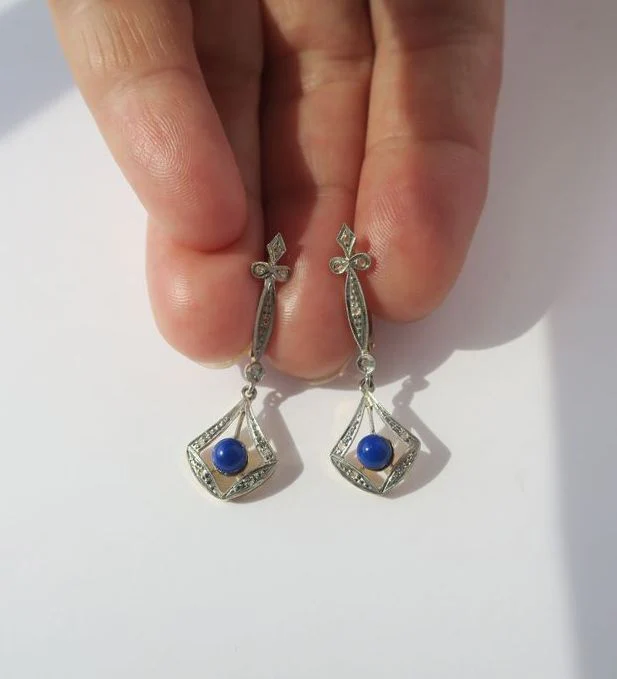 Boucles d’oreilles pendantes Lapis Lazuli Diamants deux Ors Art Déco - Image 6