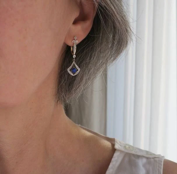 Boucles d’oreilles pendantes Lapis Lazuli Diamants deux Ors Art Déco - Image 8