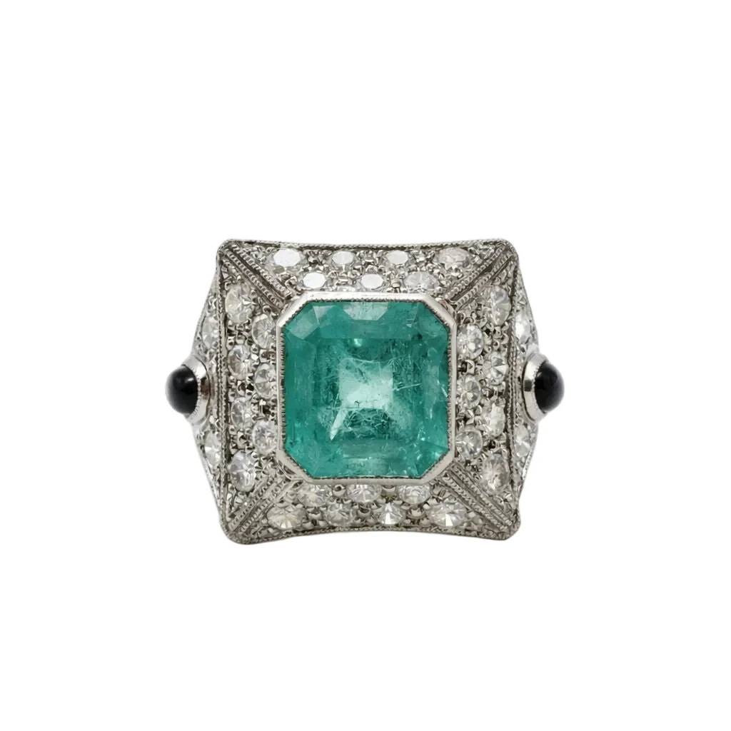 Bague Entourage en or blanc, émeraude et diamants