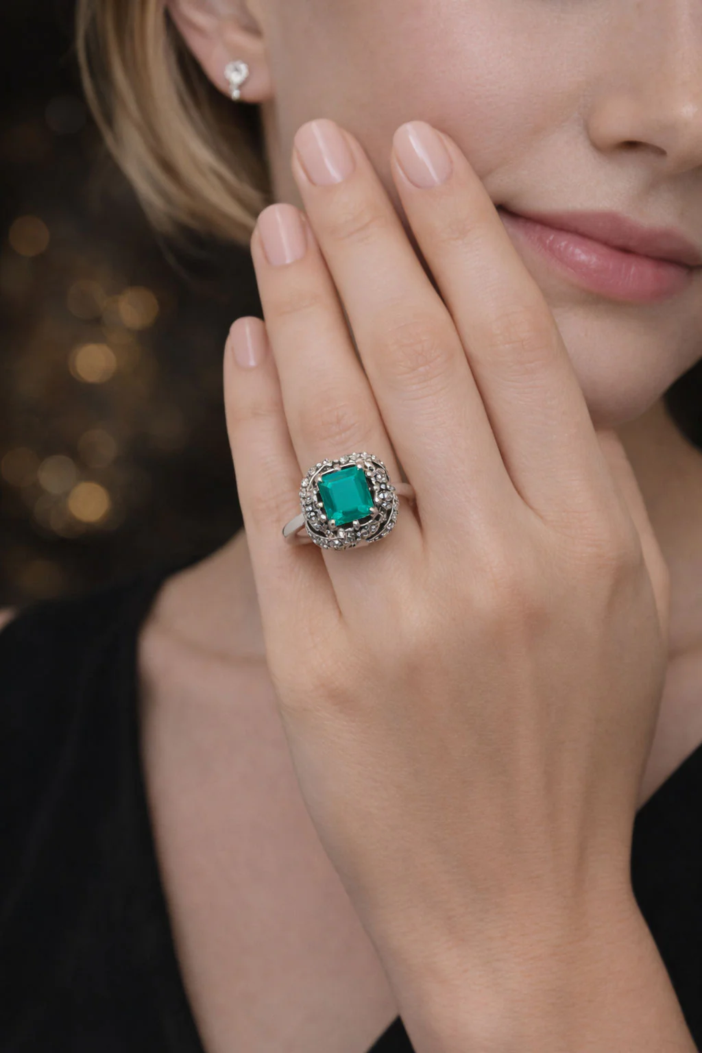 ANILLO DE ESMERALDA CON ORLA DE DIAMANTES ESTILO CLÁSICO VINTAGE - Image 4
