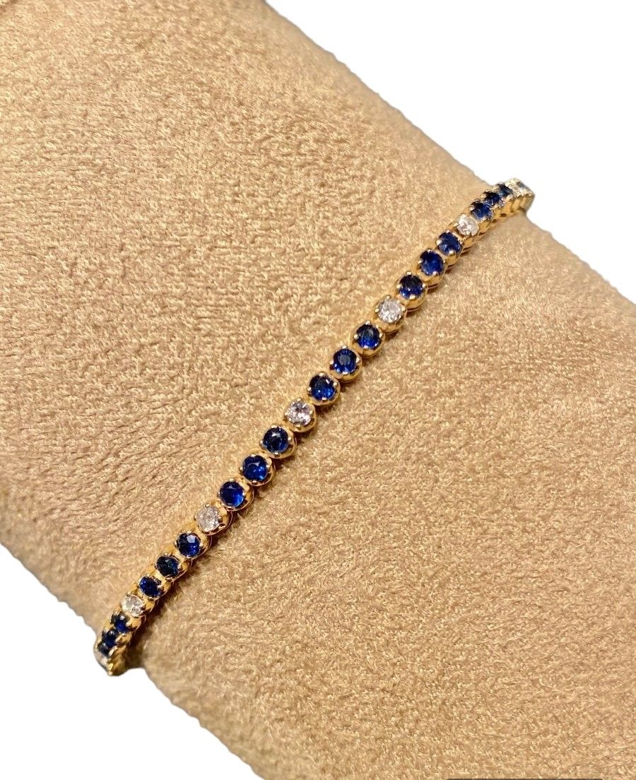 Bracelet Tennis, en or jaune 14k, saphirs et diamants - Image 3