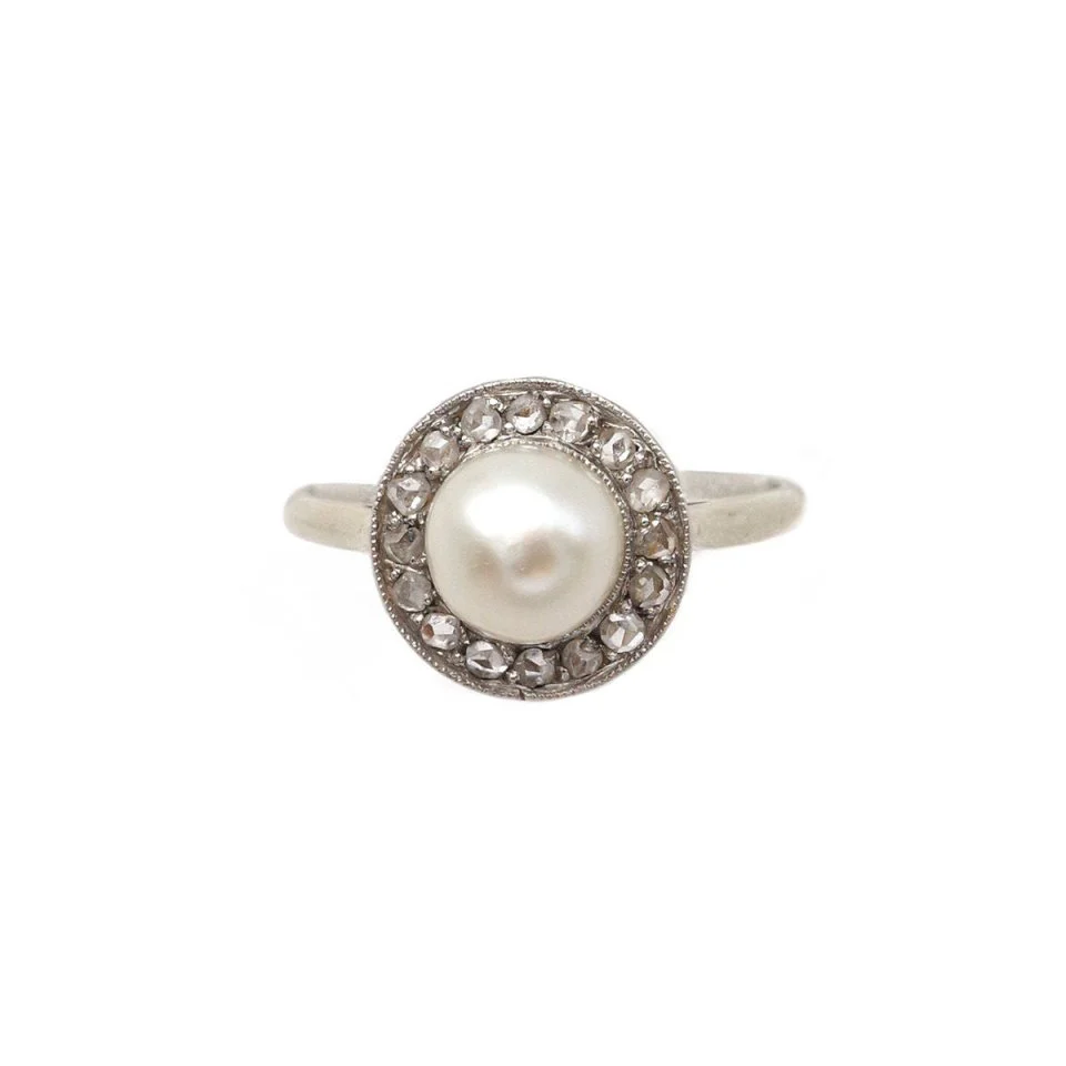 Bague Solitaire en or blanc, perle et diamants