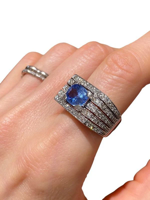 Bague Tank en or blanc 18k saphir et diamants - Image 6