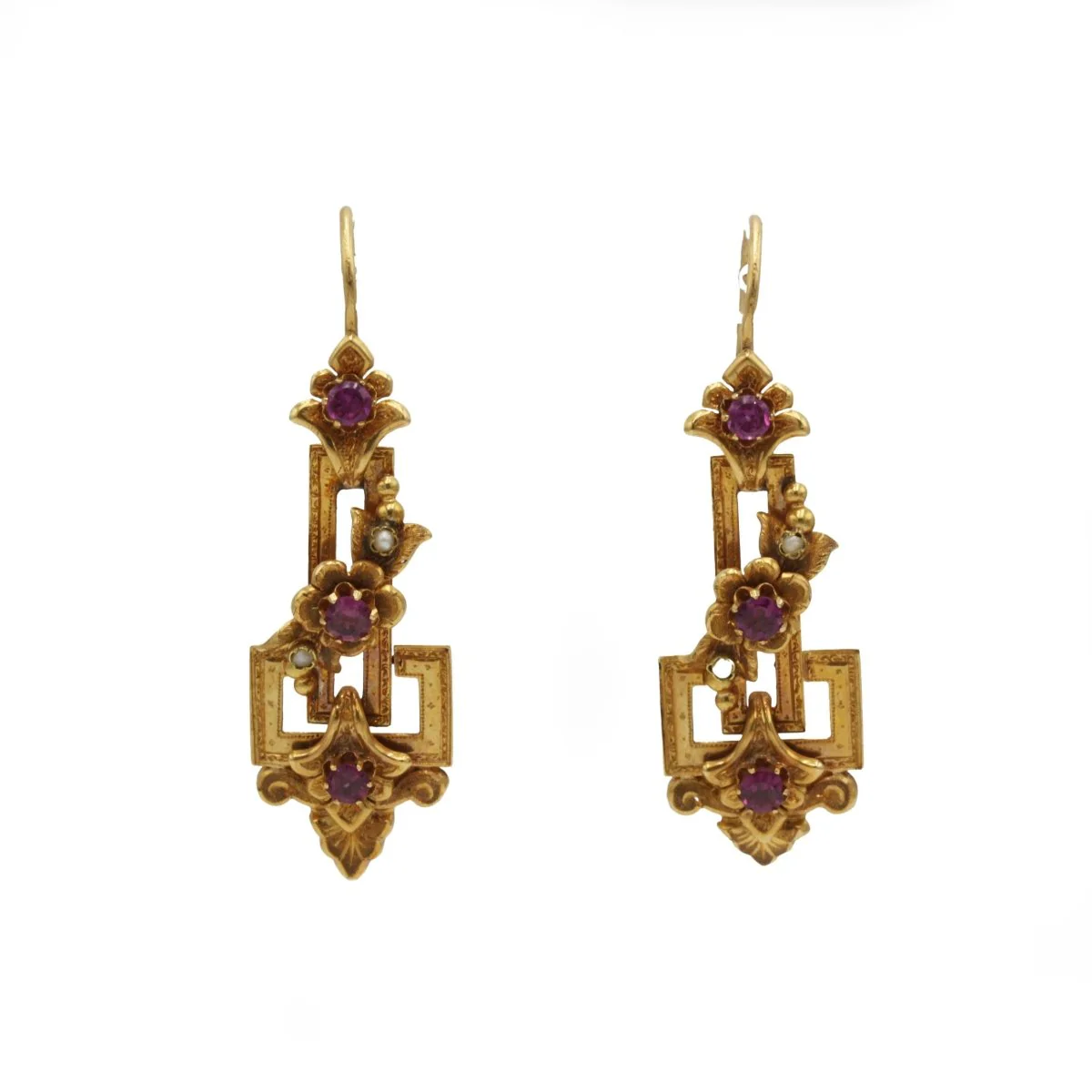 Boucles d'oreilles Pendantes en or jaune, perles et grenats