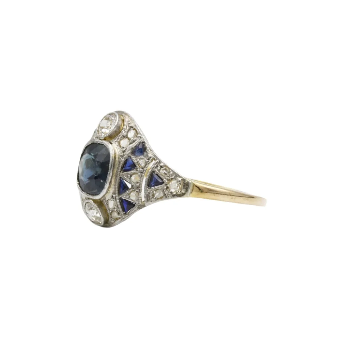 Bague art deco - 1920 - Or blanc 18K, saphirs et diamants - Image 2