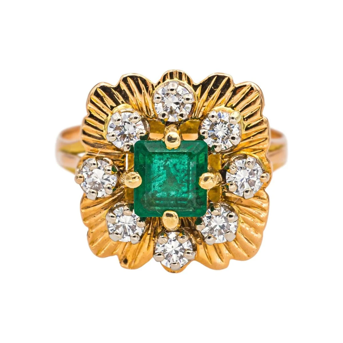 Bague Marguerite en or jaune, émeraude et diamants