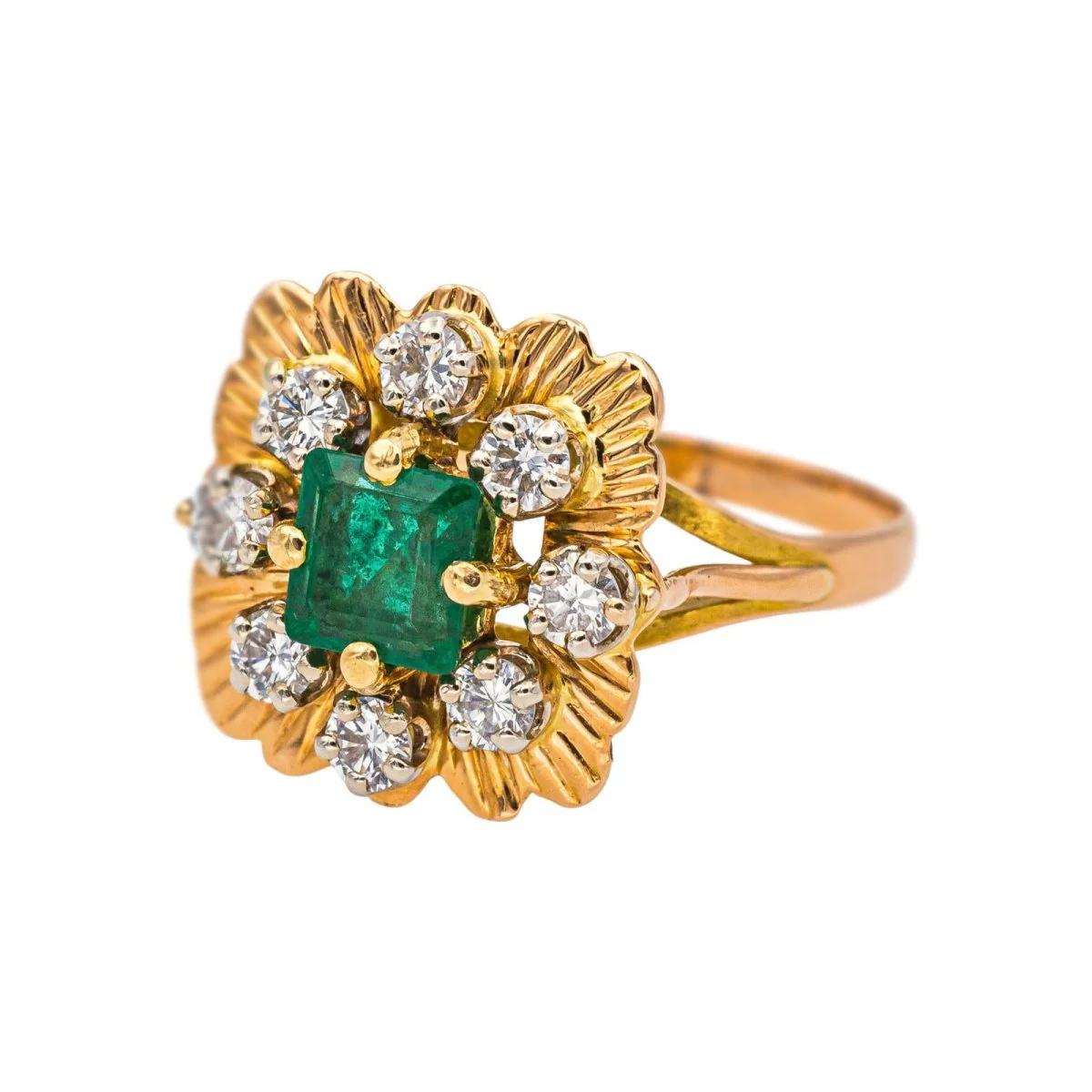 Bague Marguerite en or jaune, émeraude et diamants - Image 3