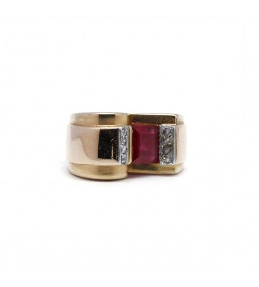 Bague - Or. Platine. Diamants Et Rubis synthétique