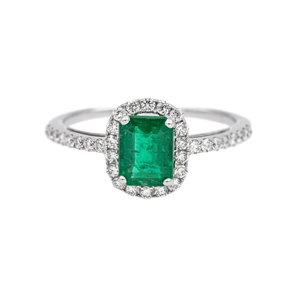 Bague Entourage en or blanc, émeraude et diamants