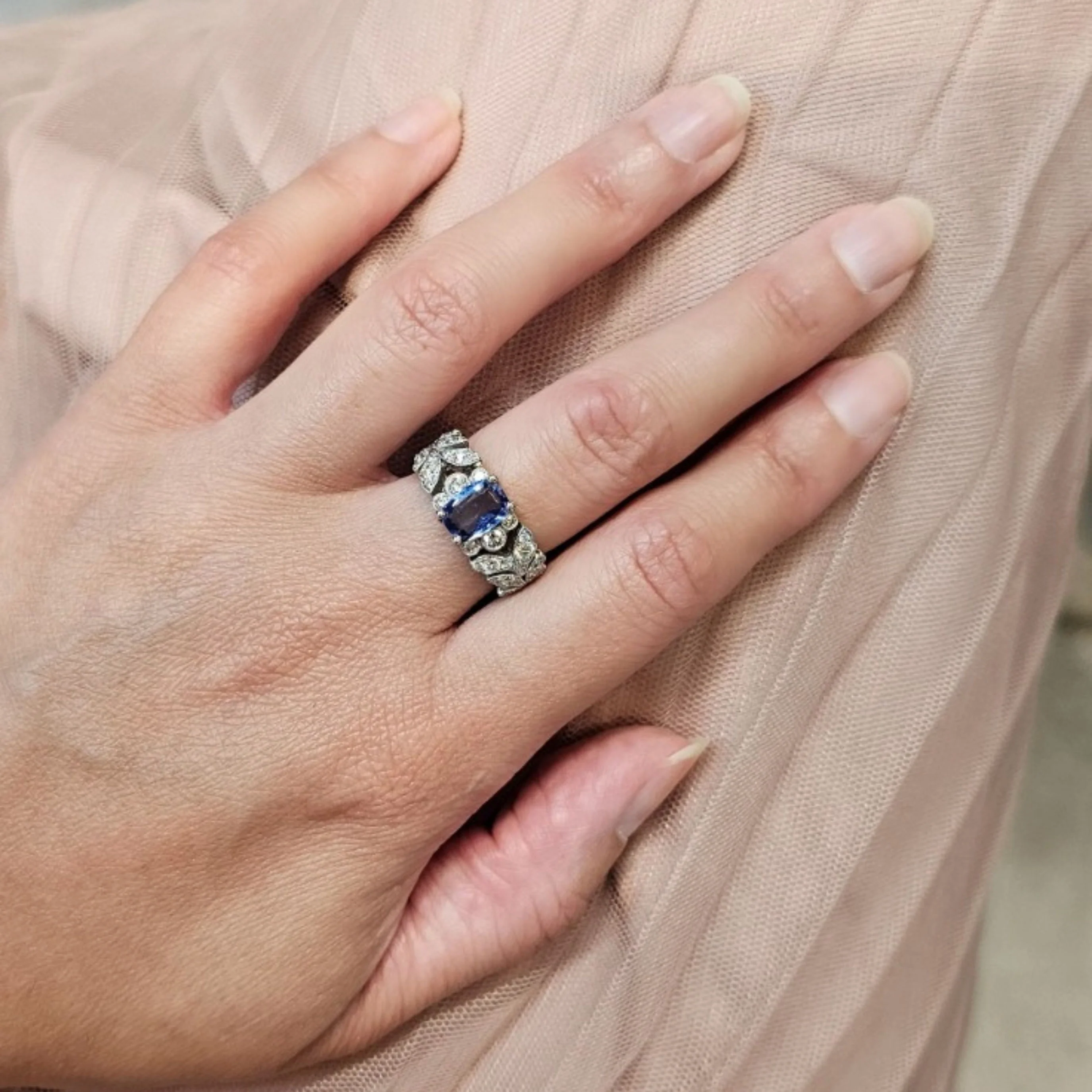 Bague en platine 850, diamants et saphir bleu naturels - Taille EU51 - Image 2