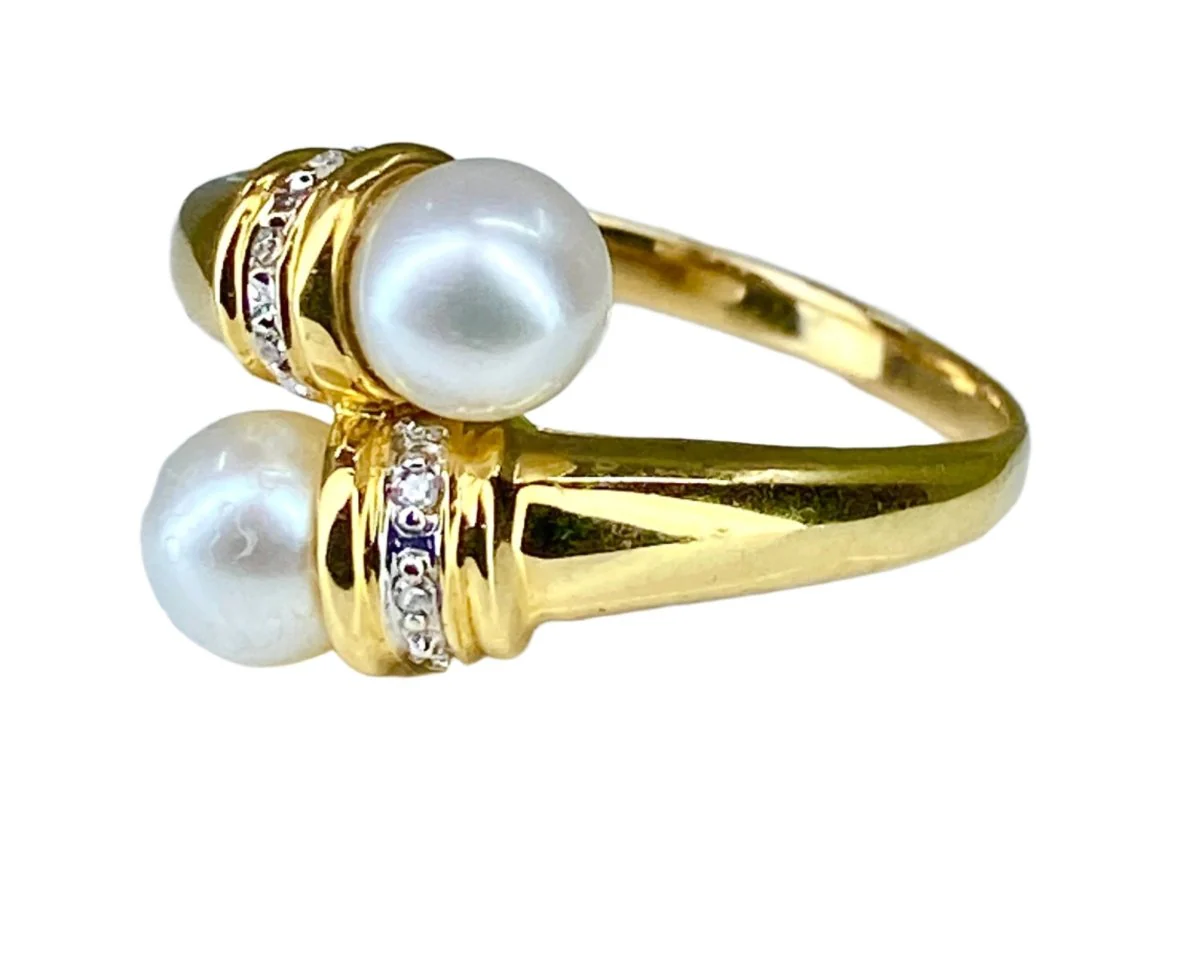 Bague Toi et Moi en or jaune, perle et diamant - Image 2