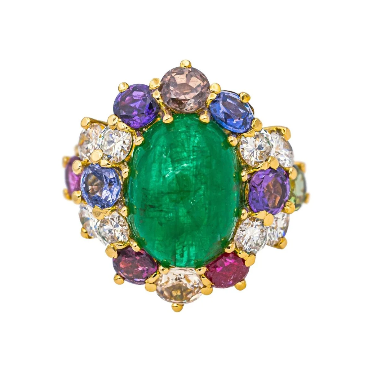 Bague Cocktail en or jaune, émeraude, saphirs, rubis, topazes et diamants