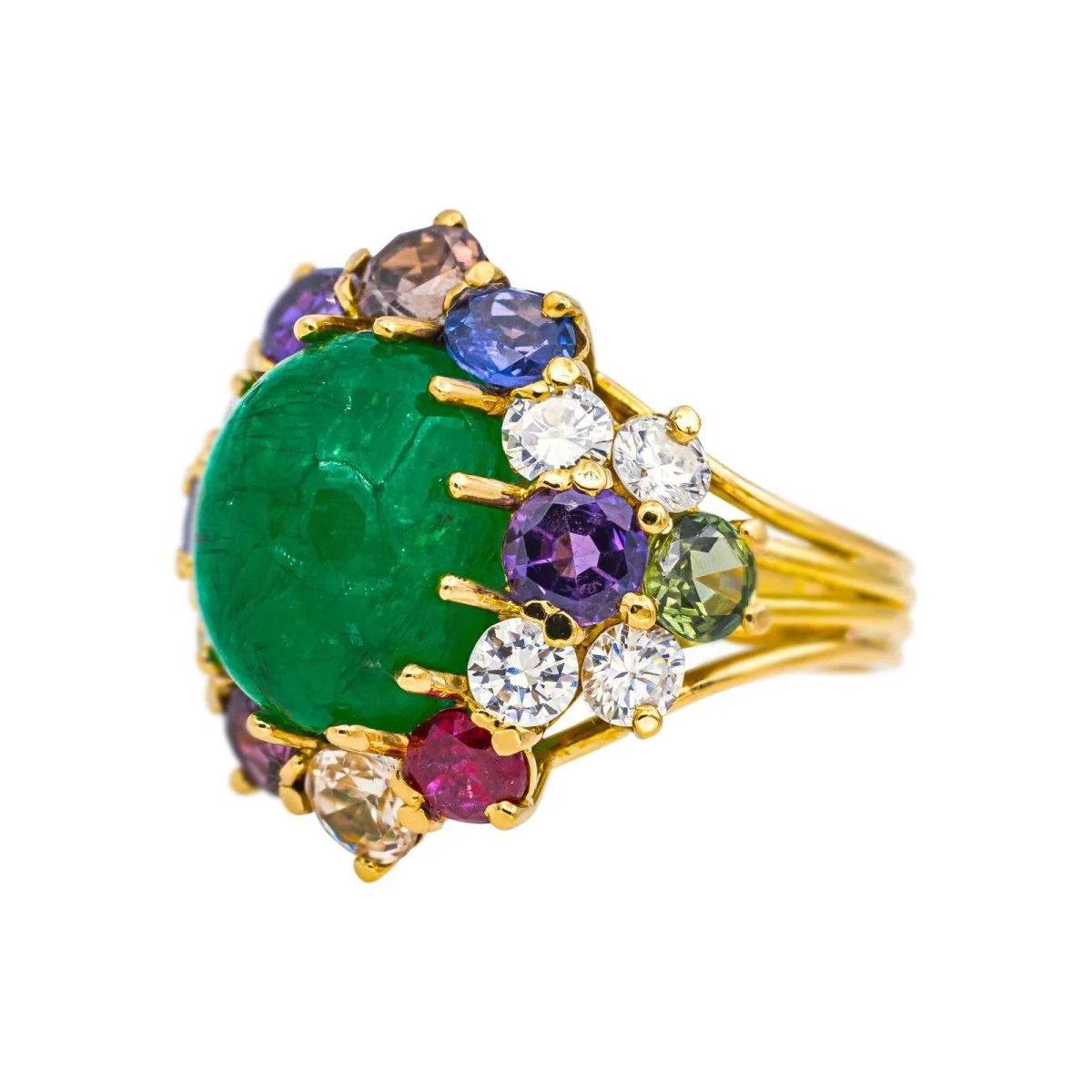 Bague Cocktail en or jaune, émeraude, saphirs, rubis, topazes et diamants - Image 3