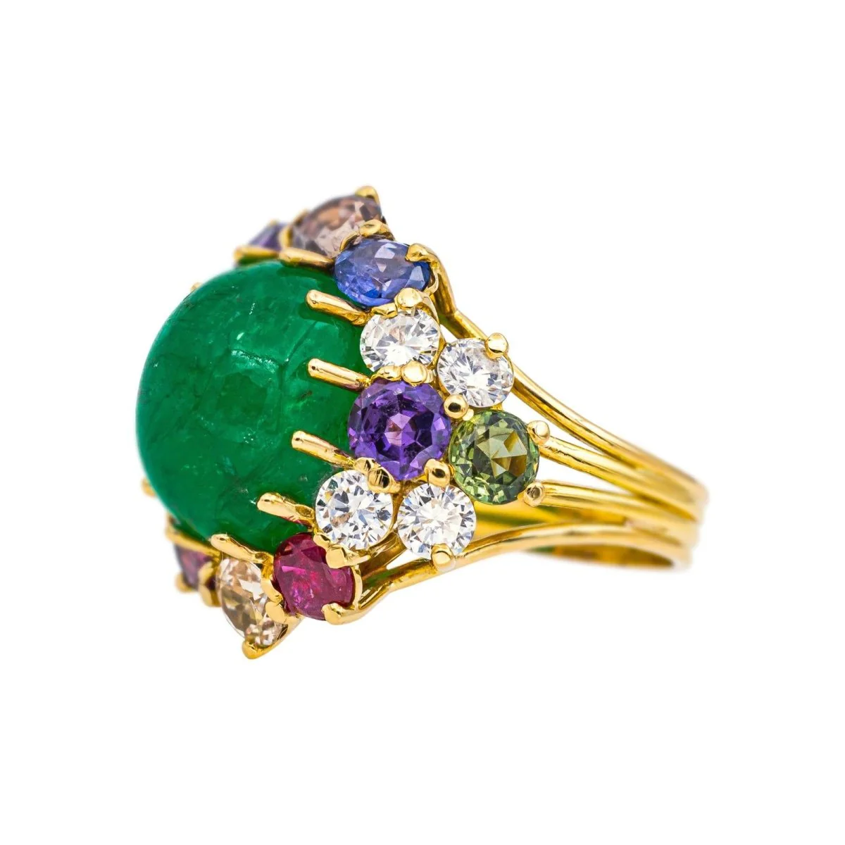 Bague Cocktail en or jaune, émeraude, saphirs, rubis, topazes et diamants - Image 4