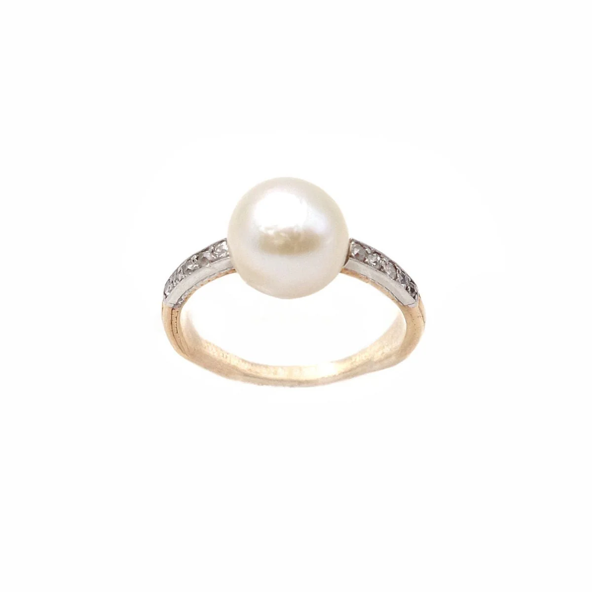 Bague Solitaire en or jaune, platine, perles et diamants