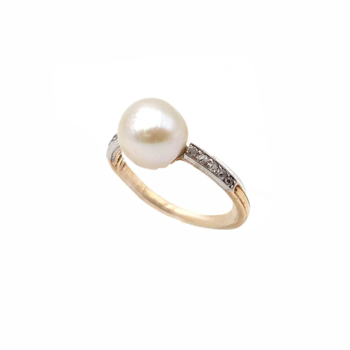 Bague Solitaire en or jaune, platine, perles et diamants - Image 3
