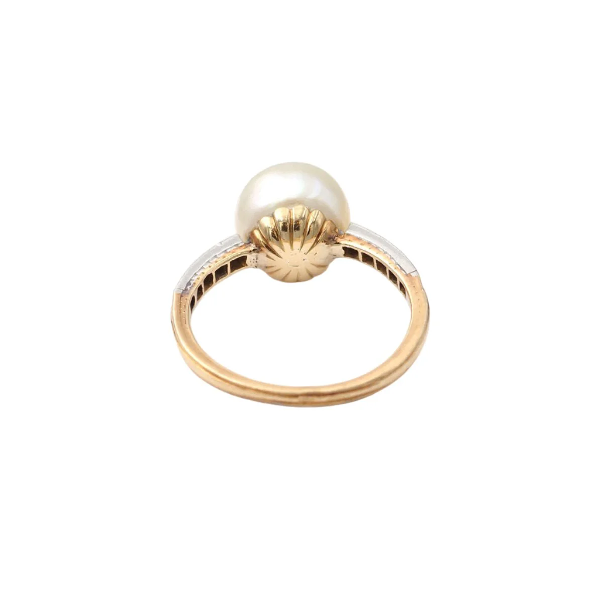 Bague Solitaire en or jaune, platine, perles et diamants - Image 4