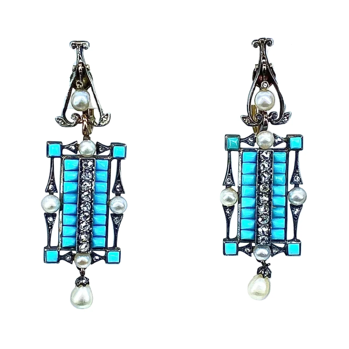 Boucles d’oreilles Pendantes en or blanc, argent, turquoises, perles et diamants