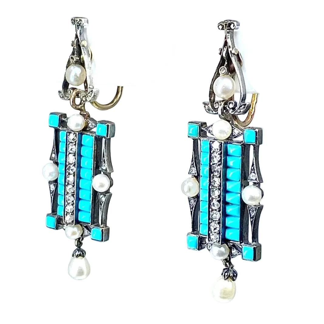 Boucles d’oreilles Pendantes en or blanc, argent, turquoises, perles et diamants - Image 2